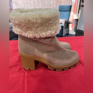Women's Tan Suede Ankle Boots with Faux Fur Lining
